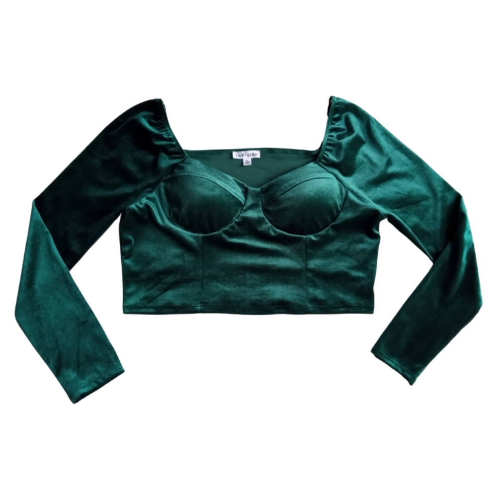 LILY STAR Emerald Velvet Crop Long Sleeve Top
